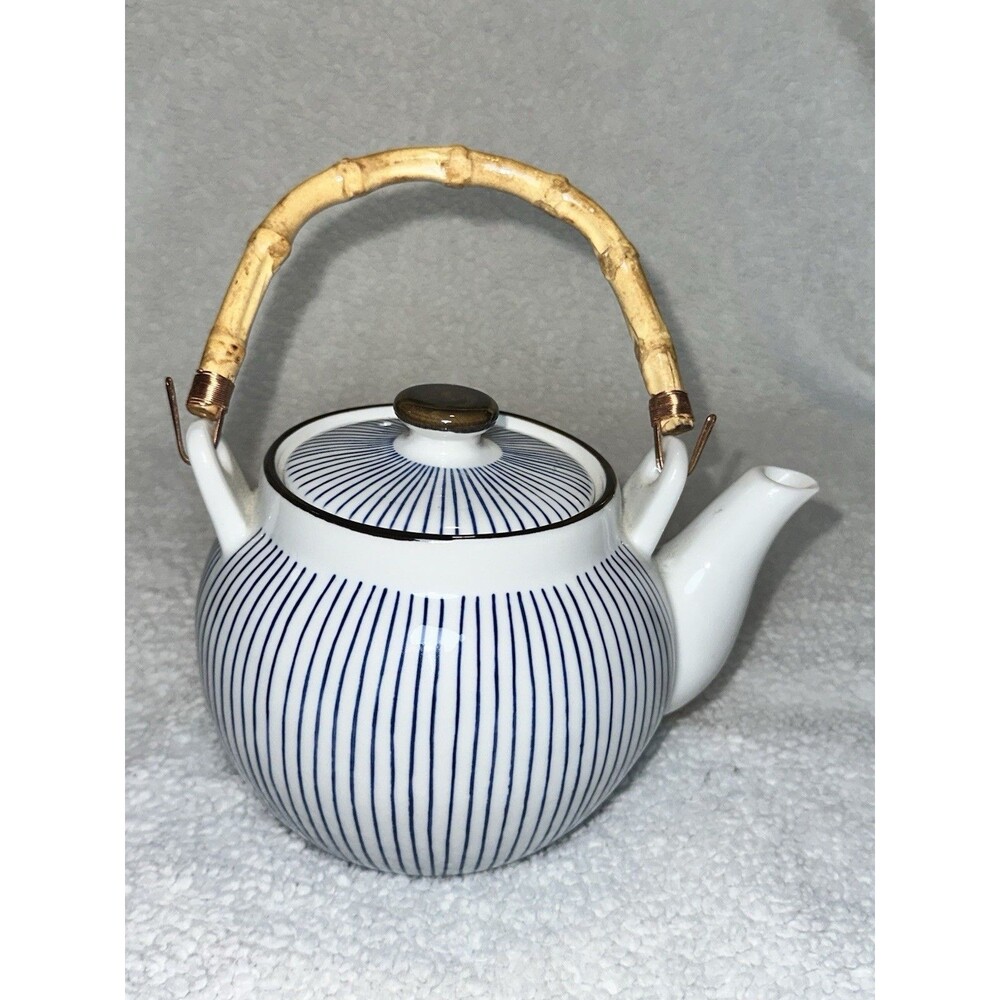 Japanese Teapot / Sake Pot Blue White Strip Brown Trim With Bamboo Handle